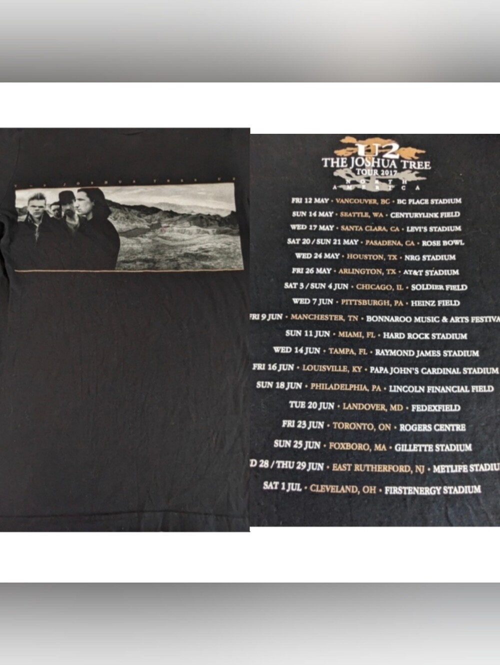 U2 The Joshua Tree 2017 Vintage Concert Tee w/Tour Dates/Location/Venue on Back